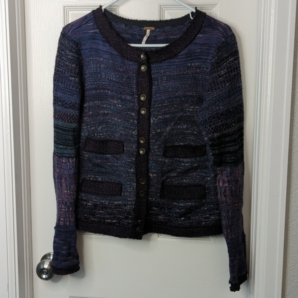 Free People Black & Purple Knit Button-Down Cardigan Sweater Jacket Size S